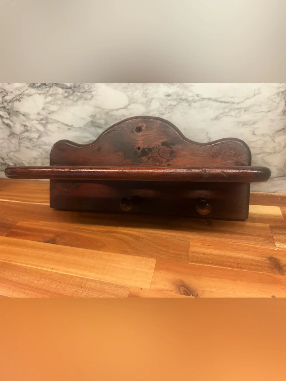 Wood Wall Shelf with Pegs in Dark Brown